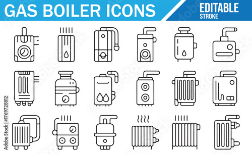 Editable Stroke Set of Gas Heating System and Radiator Icons