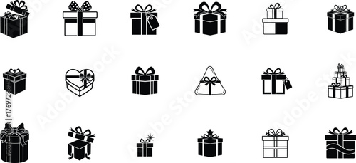 Gift boxes glypy icon set, Open Gift Box, Ribboned Gift Box (Outline), Gift Box with Tag, Stacked Gifts, Small Square Gift, Heart-Shaped Gift Box, Pyramid Gift Box, vector silhouette illustration 