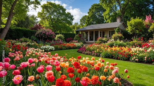 Beautiful Garden with Colorful Flowers and House
