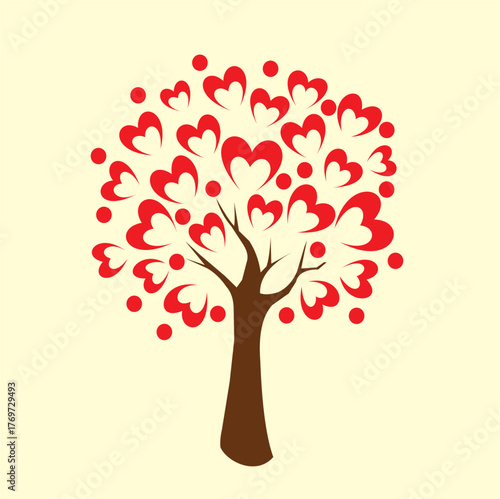 Vector design of a cartoon costume image of a tree with love leaves, very cool and unique, suitable for use as a poster or painting.