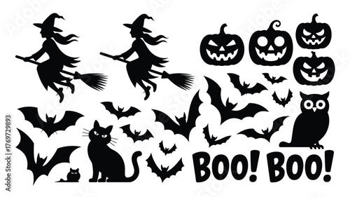 Halloween Silhouettes Vector Set with Witches on Brooms, Scary Pumpkins, Flying Bats, Black Cat, and Owl Decorations