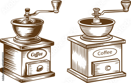 Vintage hand crank coffee grinder illustration 