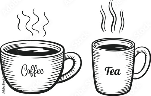 Hand drawn sketch of two steaming mugs of coffee and tea