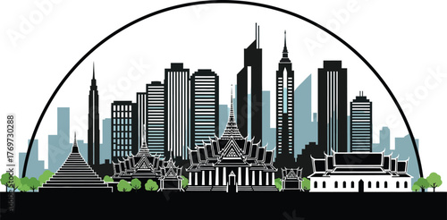 Modern cityscape with traditional architecture beneath a grand arch