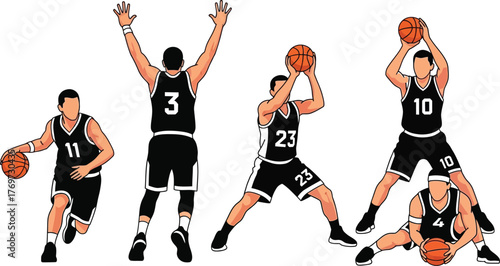 Dynamic basketball players in action, showcasing various moves and poses on a white background.