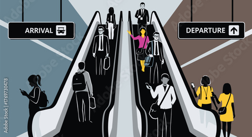 People on escalators moving up and down, indicating arrival and departure in a busy travel hub.