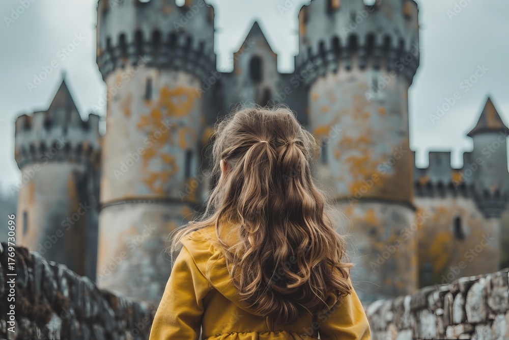Fototapeta premium Girl with long brown hair looking at a fairytale castle, dreaming of princesses and knights