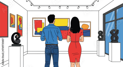 Couple admiring colorful abstract art in a modern gallery