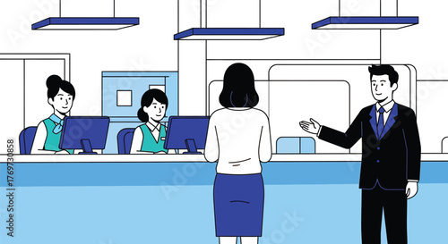 Friendly bank teller assists customer at counter, colleagues visible at desks