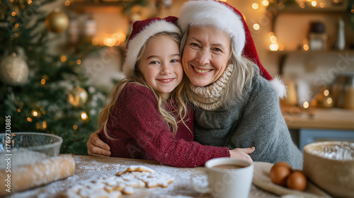 Smiling grandmother and granddaughter hugging while baking Christmas cookies. Happy family in Santa hats celebrating a holiday tradition in a cozy kitchen