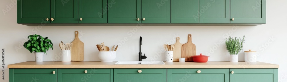 Fototapeta premium Stylish Green Kitchen,Cutting Boards,Herbs and wooden utensils on oak countertop , Kitchen Design, Home Decor