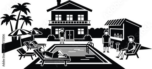 Relaxed people enjoying a sunny day at a luxurious poolside villa with a bar.