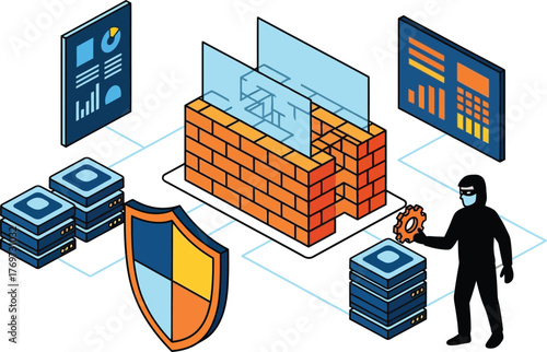 Digital security concept with firewall protecting data and a hacker attempting intrusion.