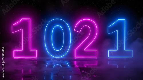 Neon 1021 Numbers Glowing in Dark, Futuristic Background