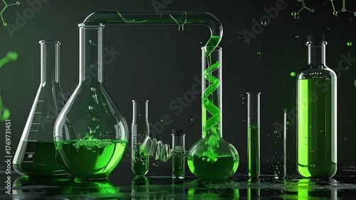 Green Liquid Flowing Through Laboratory Glassware Experiment