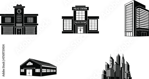 Collection of diverse building icons representing urban architecture and public services.