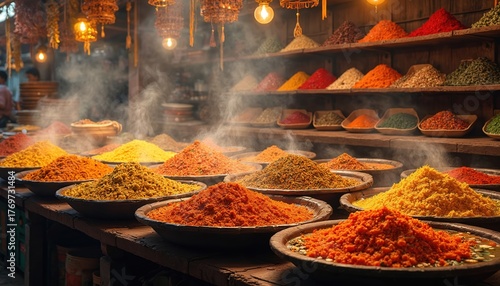 Fototapeta Naklejka Na Ścianę i Meble -  Colorful spice market with various spices in bowls on wooden table. Different powders displayed on shelves in background. Steam rises from spice piles in market stall.
