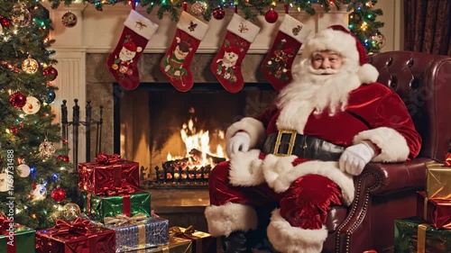 Cozy Christmas interior with Santa Claus sitting near fireplace and tree surrounded by gifts and stockings, capturing warmth, celebration, and festive spirit.