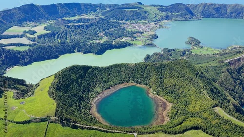 Azores island scenic places wonderful emerald lakes Sete Cidades lagoons, high angle aerial view