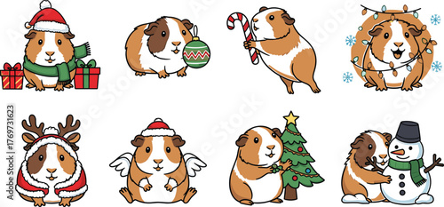 Charming guinea pigs dressed for Christmas with festive accessories and activities Keywords: guinea pig, christmas, holiday, cute, animal, cartoon, illustration, festive, santa hat, scarf, gift