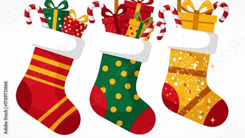 Colorful Christmas stockings filled with gifts and candy hanging on a line, playful festive illustration perfect for cards, posters, and joyful holiday designs.