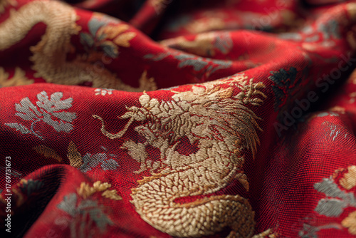 Traditional red Chinese silk fabric with intricate golden dragon embroidery
