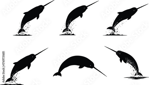 Narwhal silhouette collection jumping out of water, ocean wildlife vector illustration, marine mammal art, aquatic animal design, arctic sea creature graphic