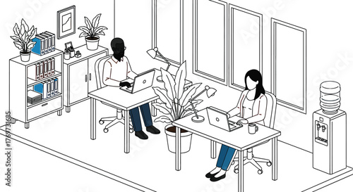 Diverse colleagues collaborating in a modern, bright office space with laptops.