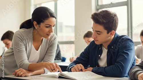 Teacher helping a student with his work in a classroom at a high school