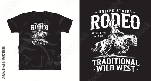 Vintage Rodeo T-Shirt Design: United States Western Style Illustration of Cowboy Riding Bucking Bronco with Star Accents, Traditional Wild West Apparel Graphic