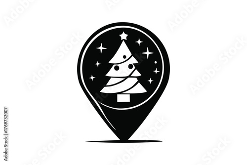Christmas Tree in Map Pin Icon with Stars Festive Location Symbol