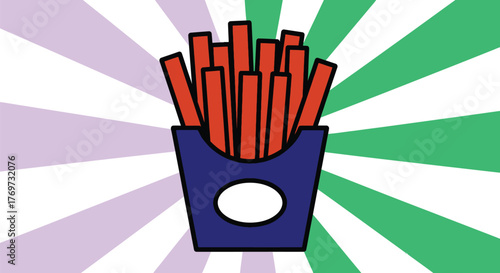 Crispy golden french fries in a blue paper container against a vibrant, abstract background.
