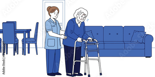 Caring nurse assists elderly woman with walker in a comfortable living room.