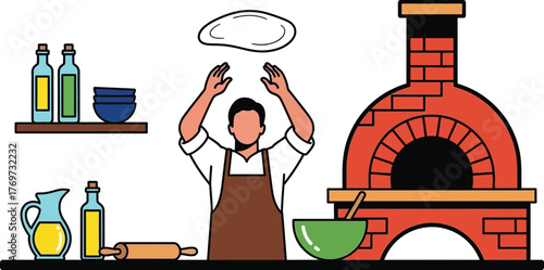 Chef skillfully tossing pizza dough in a rustic kitchen with a brick oven