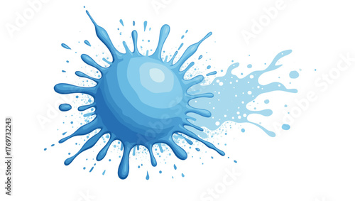 Round blue snowball splatter on wall with liquid spray and realistic reflections on white background, concept of motion and cool energy