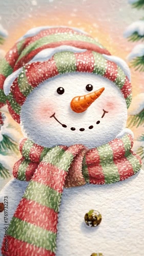 Smiling snowman in colorful scarf and hat standing in snowy forest, capturing cheerful holiday mood and cozy winter atmosphere for festive visuals.