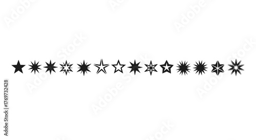 A horizontal line of various star shapes and starbursts in shades of gray against a black background, showcasing a diverse collection of celestial and geometric graphic elements for design projects.