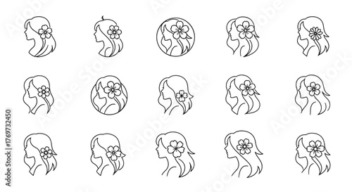 Collection of stylized white line art female profile silhouettes adorned with flowers, set against a stark black background, showcasing diverse hairstyles and floral accents for a touch of elegance