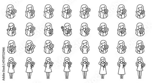 A collection of 30 stylized, white line art icons of women holding bouquets of flowers, presented on a black background, showcasing diverse hairstyles and outfits, perfect for graphic design and