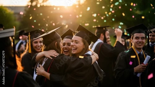 Group of happy students celebrating graduation day with confetti in the air