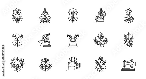 A collection of 15 intricate, hand-drawn white line art icons on a black background, featuring floral motifs, sewing elements like thimbles and sewing machines, and decorative ornamental designs