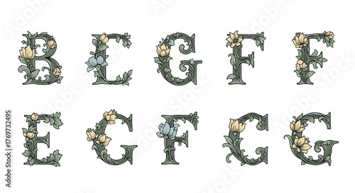 Elegant Decorative Alphabet Letters B, C, G, F, E adorned with delicate floral elements and leaves, presented in a vintage, art nouveau style with a pastel color palette, perfect for graphic design
