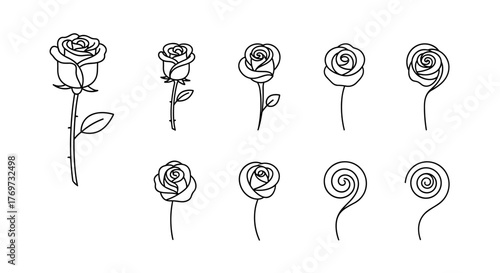 Collection of stylized rose outlines in white on a black background, showcasing a variety of artistic interpretations from classic floral forms to abstract spiral designs, perfect for graphic design