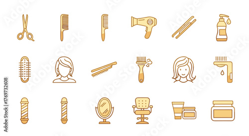 Golden icons set for barbershop and hair salon, including scissors, combs, hair dryer, straightener, hair clips, shampoo bottle, hairbrush, barber pole, mirror, chair, and hair products, symbolizing