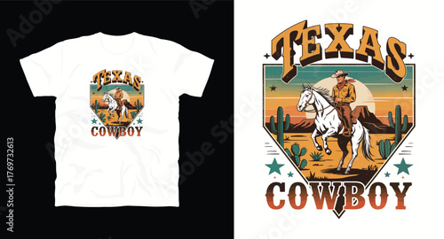 Texas Cowboy T-Shirt Design Vector: Western Landscape Graphic Featuring Rider on Horse, Cactus, and Sunset, Vintage Style for Apparel and Souvenirs