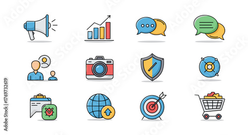 A vibrant collection of modern flat design icons representing key business and technology concepts, including a megaphone for marketing, a bar chart for analytics, chat bubbles for communication