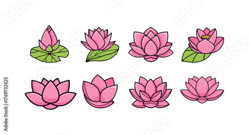 Collection of eight stylized pink lotus flowers in various stages of bloom, presented on a black background, showcasing delicate petals and green leaves, perfect for designs related to nature