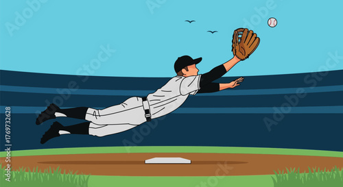 Athletic baseball player dives for a catch during a game under a clear sky