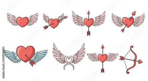 Collection of stylized heart icons with wings and Cupid's arrows, symbolizing love, romance, and Valentine's Day. Includes hearts pierced by arrows, hearts with wings outstretched, and a bow and