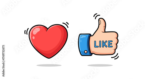 A vibrant red heart symbol and a cartoon-style thumbs-up gesture with the word "LIKE" emblazoned on it, set against a stark black background, symbolizing approval, positive feedback, and social media